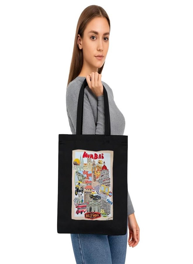 PrintWala حقيبة تسوق مطبوعة من PrintWala للنساء والفتيات، مناسبة للمكتب والجامعة والتسوق، مصنوعة من قماش الكانفاس القابل لإعادة الاستخدام، مزودة بجيب أمامي وسحاب إغلاق، سعة 15 كجم، لون أسود، عبوة من قطعة واحدة (BT306). - Image 3